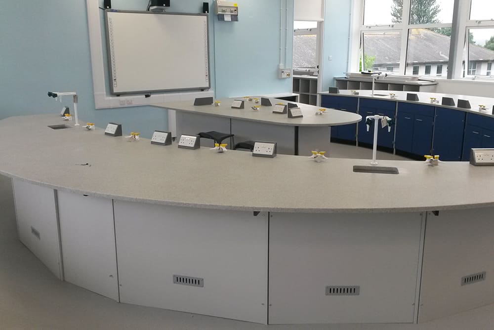 School science lab furniture with curved Velstone worktop and whiteboard