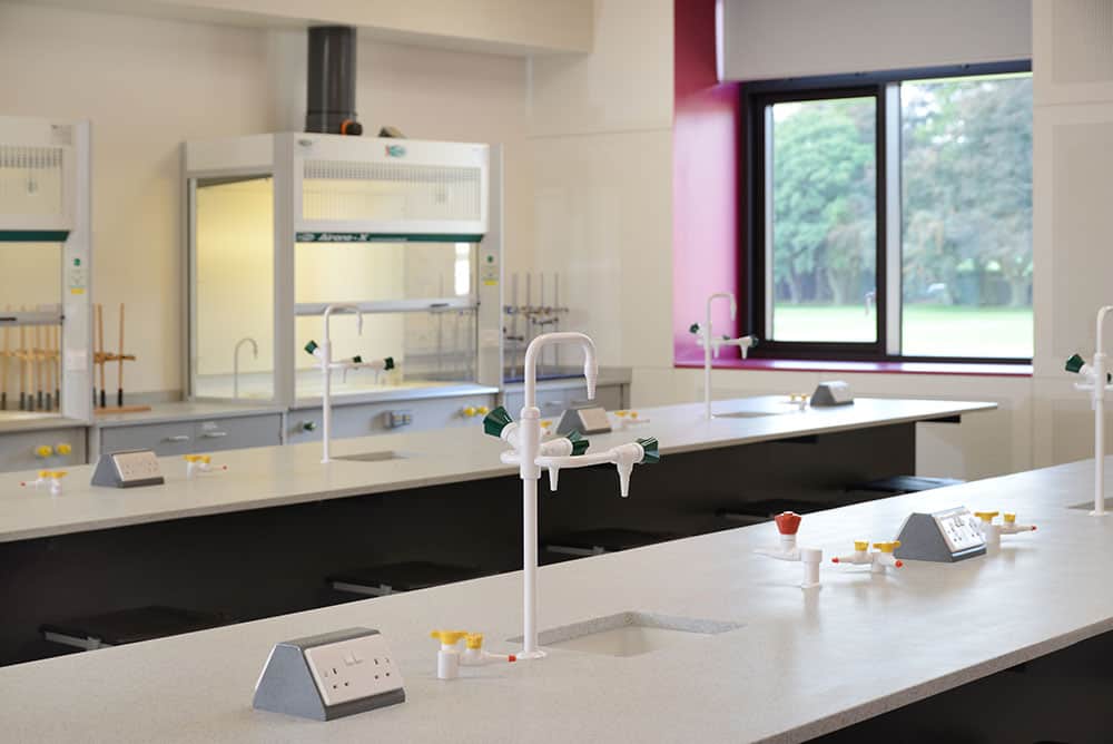 Charterhouse school science laboratory student workbenches.