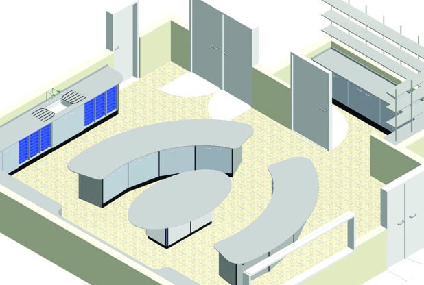 3D CAD image of proposed primary school STEM room with central pod for demonstrations/group work