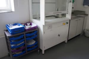 Science laboratory – mobile tray storage & fixed fume cupboard