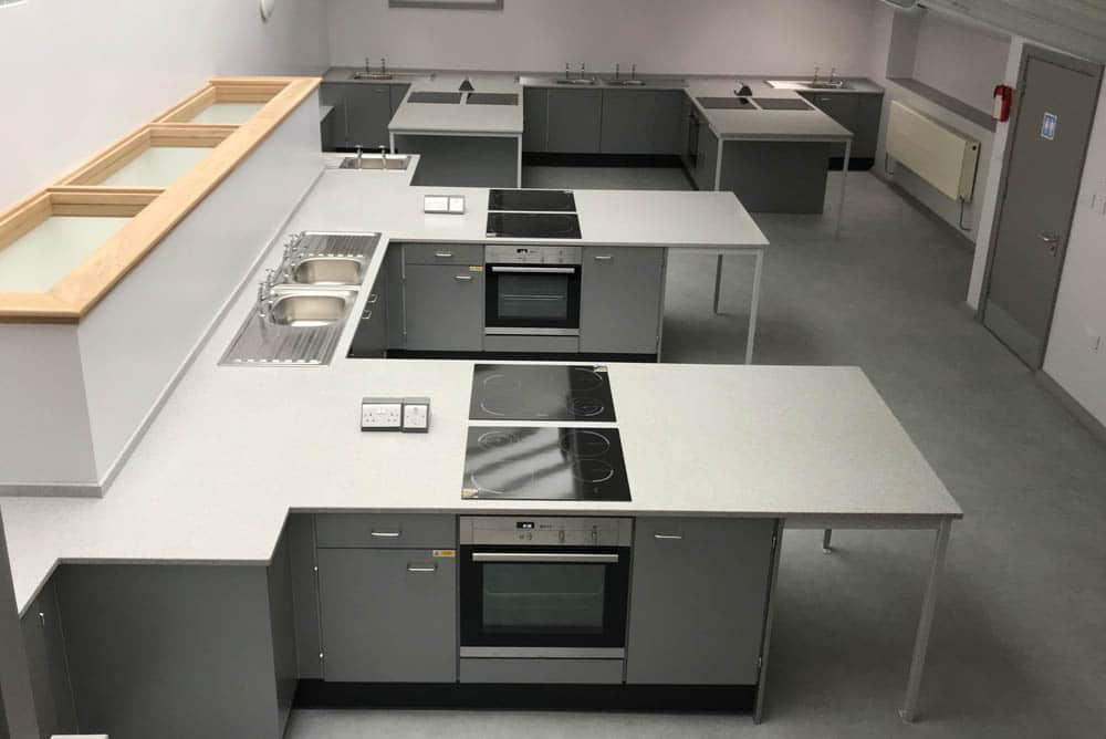 Food Technology room with Velstone worktops and built in single ovens