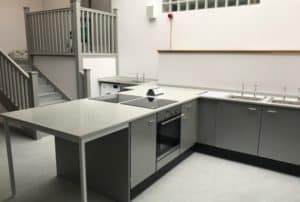 Food Technology room peninsula with integral seating space