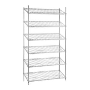 Slanted chrome wire shelving, 6 tier, static.