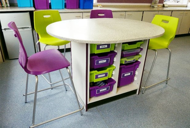Secondary school single island with single and double tray storage in green and purple.