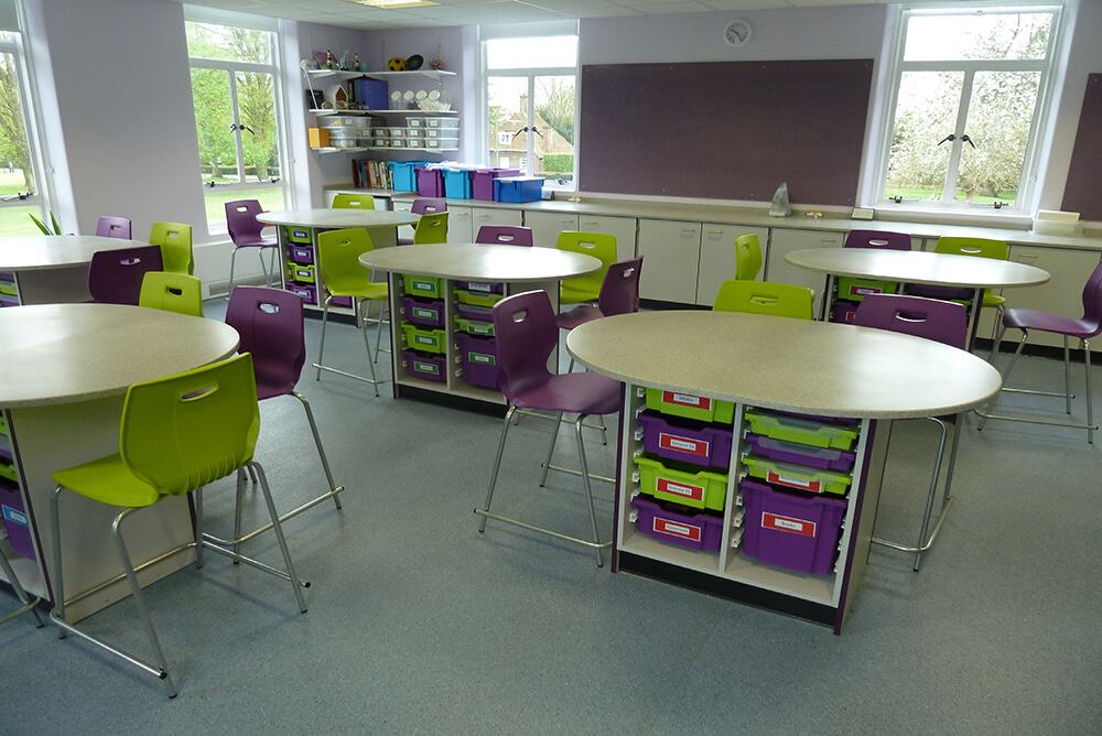 Science laboratory furniture oval work stations with Velstone worktops