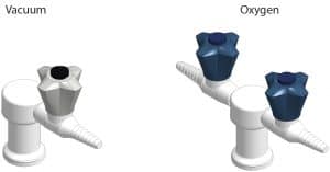3D visual of vacuum and oxygen gas taps for commercial science laboratories.