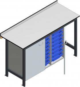 3D visual of suspended laboratory storage units for commercial science laboratories.