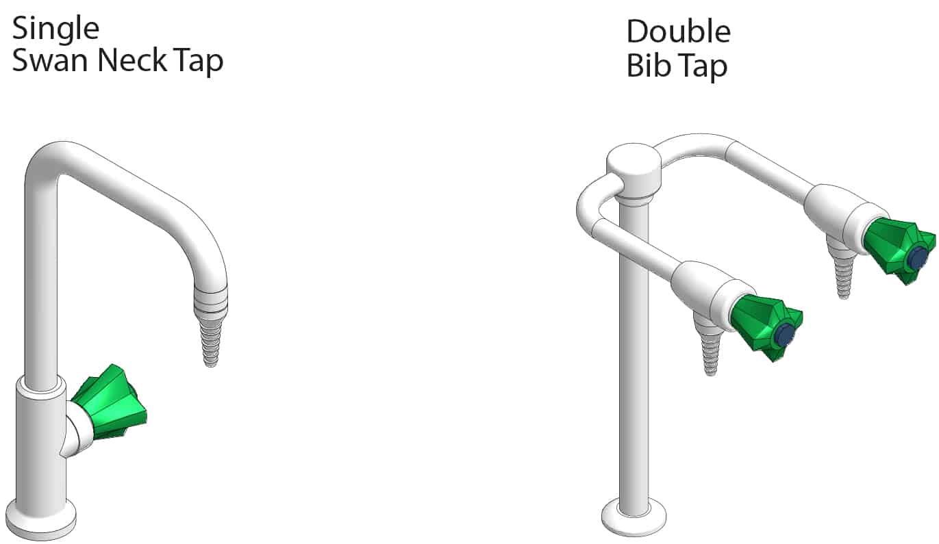 3D visual of Single Swan Neck Tap and Double Bib Tap for commercial science laboratories.