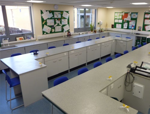 School science laboratory furniture Cheltenham College C shaped island benching