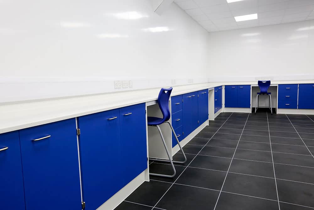 Pathology laboratory design with coved Velstone work top