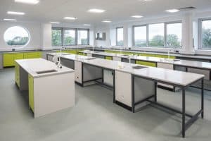 Callywith College science lab teaching desk.