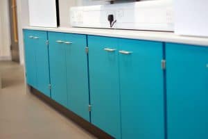 Bury College science laboratory benching and storage cupboards.