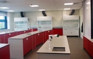 Bury College physics science laboratory with teaching wall.