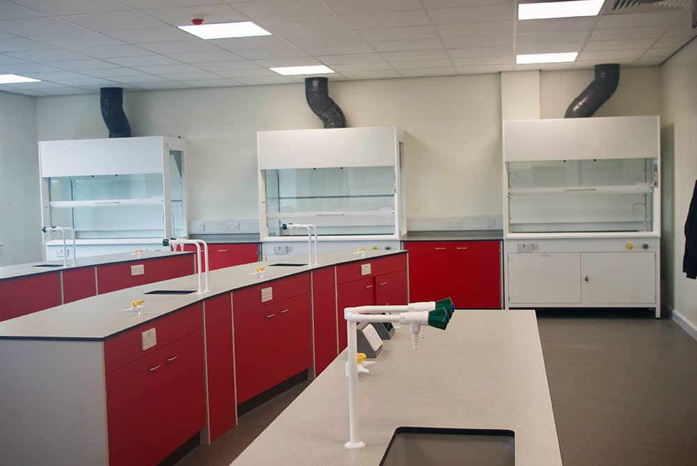 Bury College science laboratory and fume cupboards.