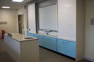 Bury College science laboratory teaching wall.