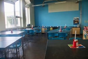 Co-op Academy Manchester school science lab featuring a blue contrast wall.