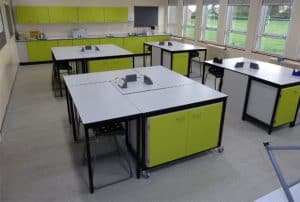 Rydale School Science laboratory featuring mobile table frames with storage under
