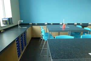 Science lab with Trespa benching with perimeter services.