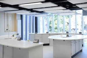 School science lab with curved islands.