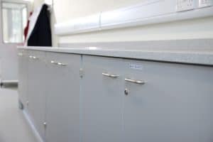 Hospital benching and storage cupboards.