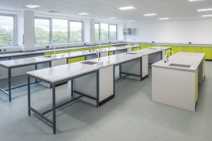 School science lab furniture with teachers desk and lime doors for Callywith College