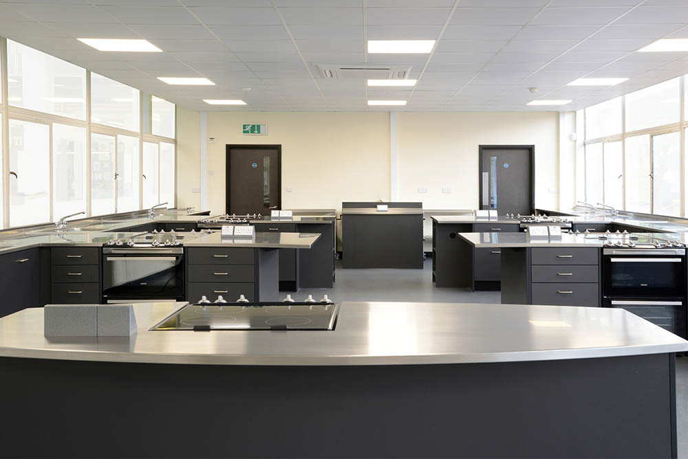 Food Technology classroom design with stainless steel worktops