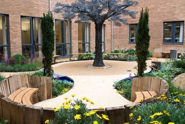 Norfolk and Norwich University Hospital outdoor courtyard area.
