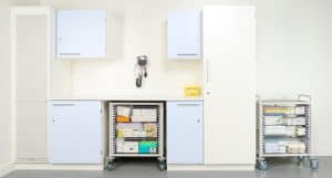 HTM71 trolleys and cabinets for medical environments.