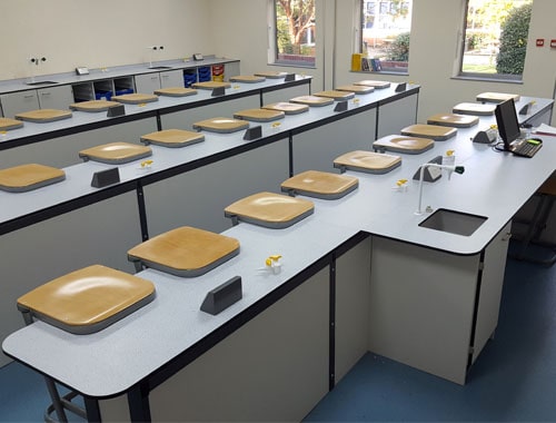 Balcarras School science lab furniture with straight island layout