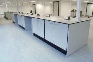 Central island unit with Tresp worktop for science park.