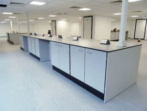 Central island unit with Tresp worktop for science park.