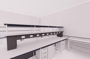 Laboratory benching ad reagent shelving for industrial laboratory.