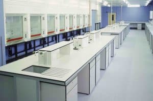 Laboratory benching and fume cupboards for university laboratory.