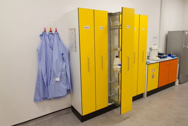 University laboratory prep room with pull out storage.