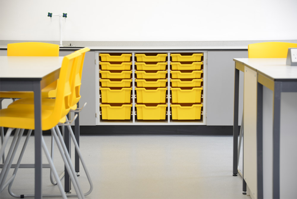 Royal Ballet School science laboratory with yellow Gratnell tray storage