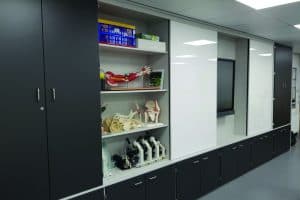 Teacher wall with modular storage