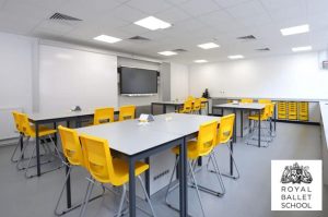 Royal Ballet School science laboratory with contrast yellow stools and trays