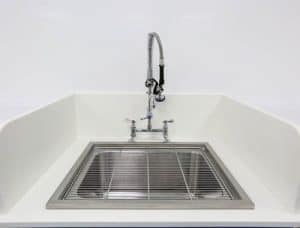 Pathology laboratory bespoke stainless steel sink design with splash guards