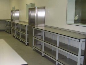 Trespa shelving for clean room furniture installation at pharmaceutical lab