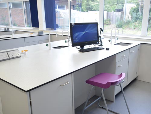 Refurbishment of science laboratory close up of teachers desk