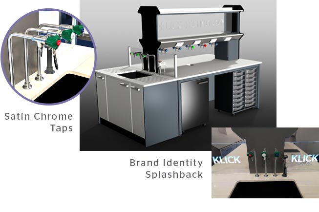 Lab Furniture Design with Satin Chrome Taps & Brand Identity Splashback