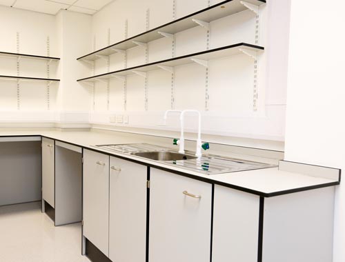 Lab benching with Trespa work tops and shelving