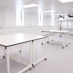 Mobile lab tables arranged in pairs