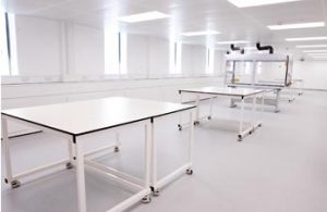 Mobile lab tables arranged in pairs