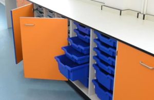 royal school lab refurbishment orange doors with blue storage trays