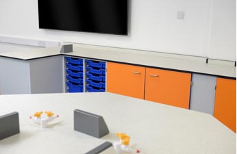 school laboratory furniture with contrast orange doors