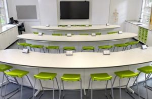 school science lab furniture with contrast stools and trays