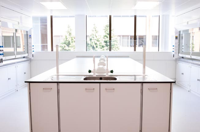lab furniture installation for sygnature discovery with fixed island and fume cupboards