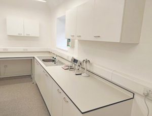 fitted laboratory furniture with sink underbench storage and wall cupboards