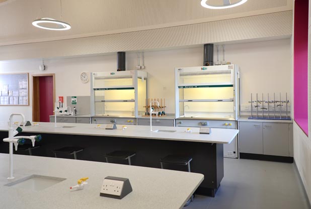 science laboratory design showing lab benching and fume cupboards